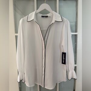 NWT Karl Lagerfeld White button up Blouse with Black trim